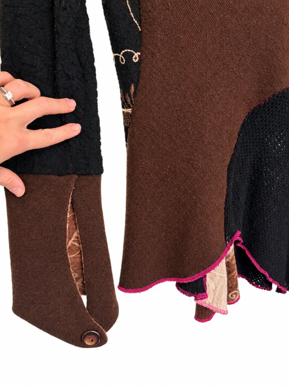 Vintage Patchwork Tunic Sweater Brown Black Asymmetric Whimsigoth Scandi Boho - Picture 2 of 6